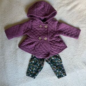 Purple Quilted Hooded Coat with Floral Pants